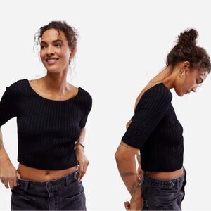 Free People Black Ribbed Short Sleeve Crop Top